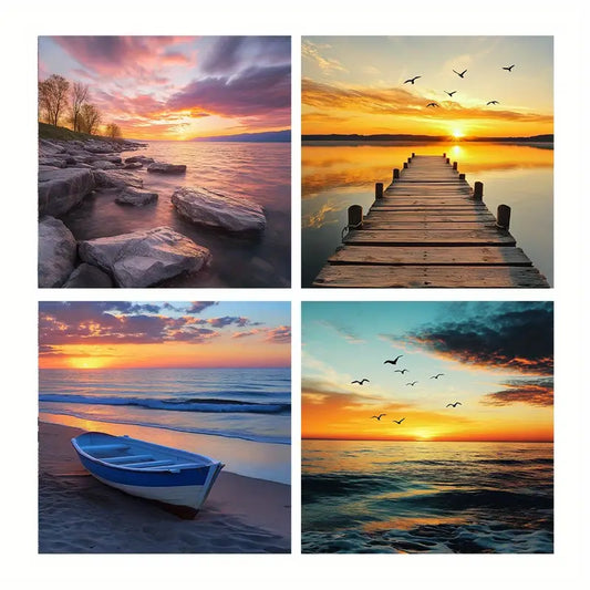 4pcs Sunset Poster, Lake Art Prints, Boat Wall Art Canvas Framed