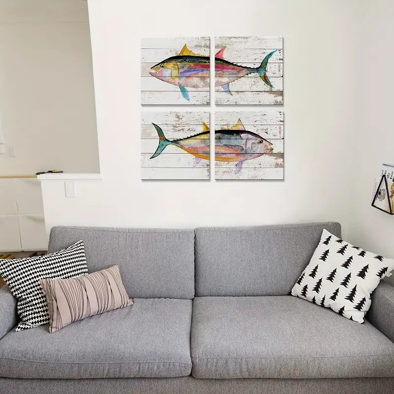 4pcs  Nautical Tuna Fish Wall Art Canvas Framed