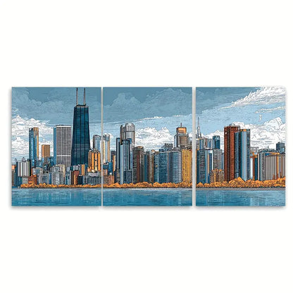 3pcs Sears Tower (Willis Tower), Blue, Golden,Gray Metal Print Ready to Hang Art