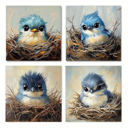 4pcs Blue Bird Nest Canvas Art Prints Wall Art Canvas Framed