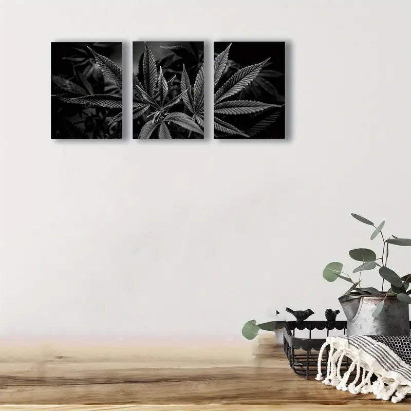 3pcs Black And White Marijuana Plant Metal Print Ready to Hang Art - Bella Home Decor