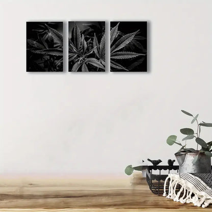 3pcs Black And White Marijuana Plant Metal Print Ready to Hang Art - Bella Home Decor