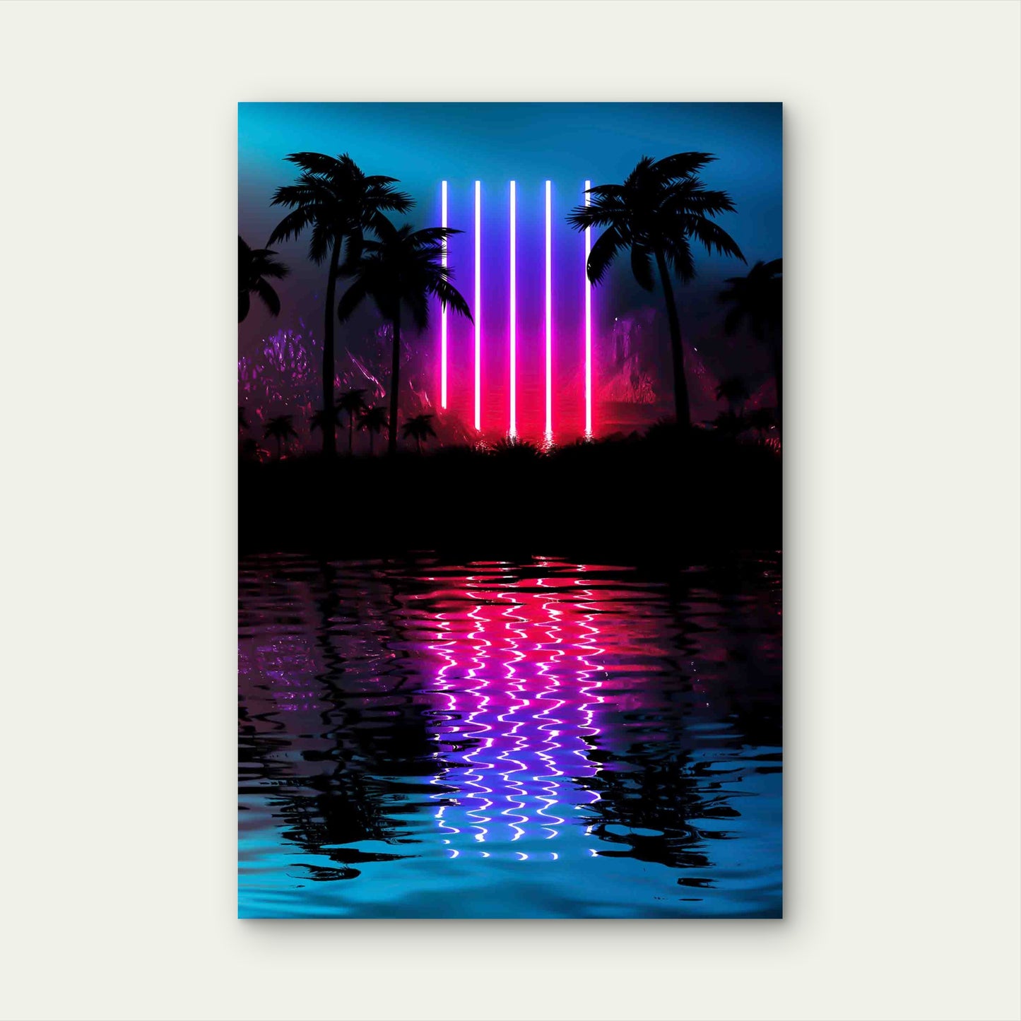 Neon Palm Tree, Tropical Leaves Reflection Metal Print Ready to Hang