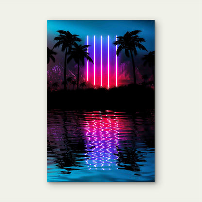 Neon Palm Tree, Tropical Leaves Reflection Metal Print Ready to Hang
