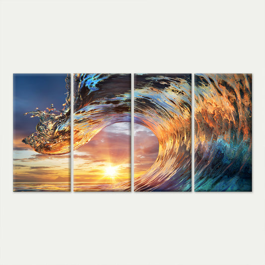 4pcs Ocean Wave Barrel Sunset Beach Gold Hour Wall Art Canvas Framed 45x80cm - High Quality Print 100% Australian Made Wall Canvas Ready to Hang