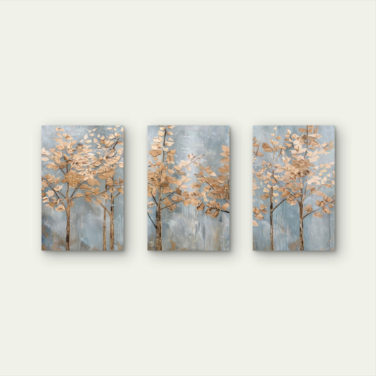 3pcs Abstract Gold Tree Blue Grey Woodland Wall Art Set Canvas Framed 40x60cm - High Quality Print 100% Australian Made Wall Canvas Ready to Hang