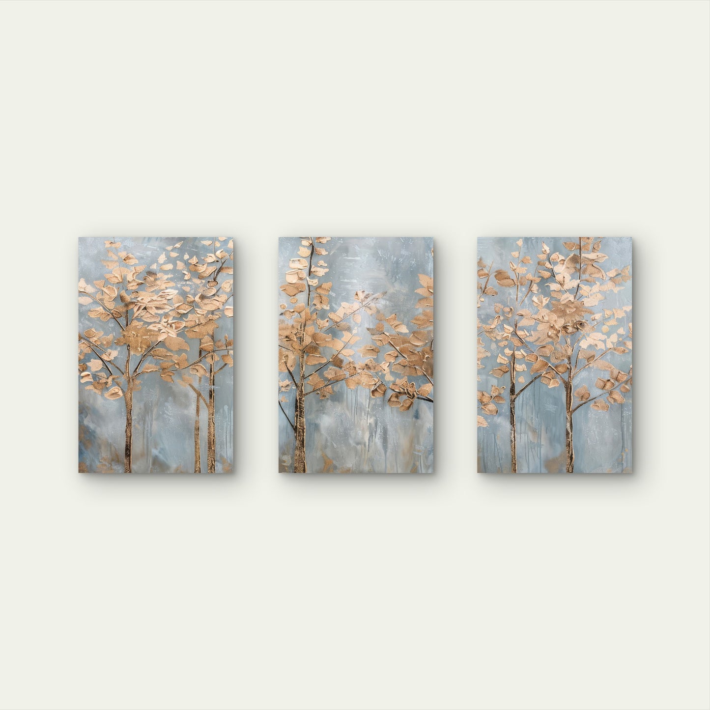3pcs Abstract Gold Tree Blue Grey Woodland  Wall Art Set Canvas Framed 60x90cm - High Quality Print 100% Australian Made Wall Canvas Ready to Hang