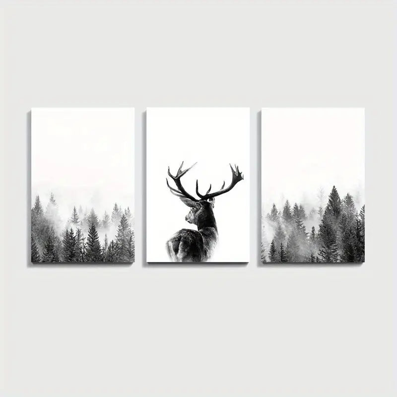 3pcs Deer Canvas Art Misty Forest Metal Print Ready to Hang Art - Bella Home Decor