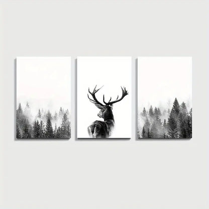 3pcs Deer Canvas Art Misty Forest Metal Print Ready to Hang Art - Bella Home Decor