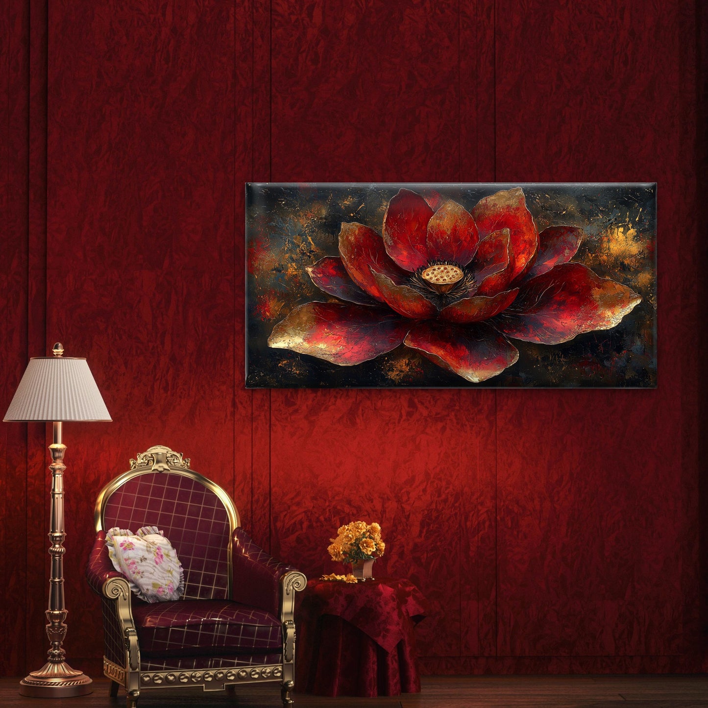Red Lotus Gold Painting Wall Art Canvas Office Home Room Framed 120x60cm