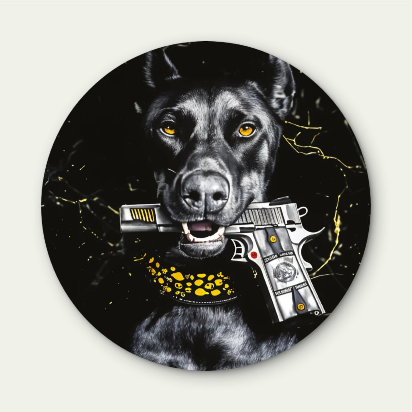 Modern Black Fashion Dobermann Dog with Gun Acrylic Glass Rounded Print Tempered Glass Wall Art 100% Made in Australia Ready to Hang