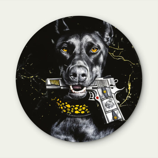 Modern Black Fashion Dobermann Dog with Gun Acrylic Glass Rounded Print Tempered Glass Wall Art 100% Made in Australia Ready to Hang