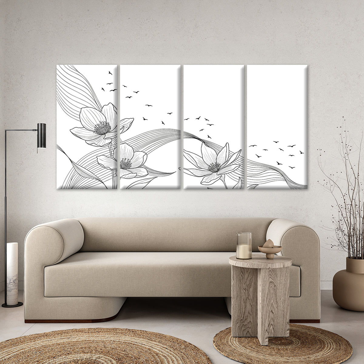 4pcs Minimal Flower Birds Sketch Line Artwork Wall Art Canvas Framed 45x80cm - High Quality Print 100% Australian Made Wall Canvas Ready to Hang