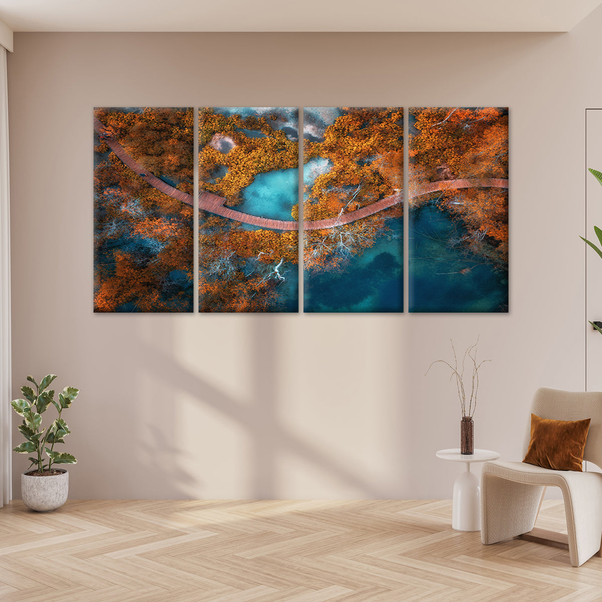 4pcs Aerial Autumn Forest Lake Bridge Pathway Wall Art Canvas Framed 45x80cm - High Quality Print 100% Australian Made Wall Canvas Ready to Hang