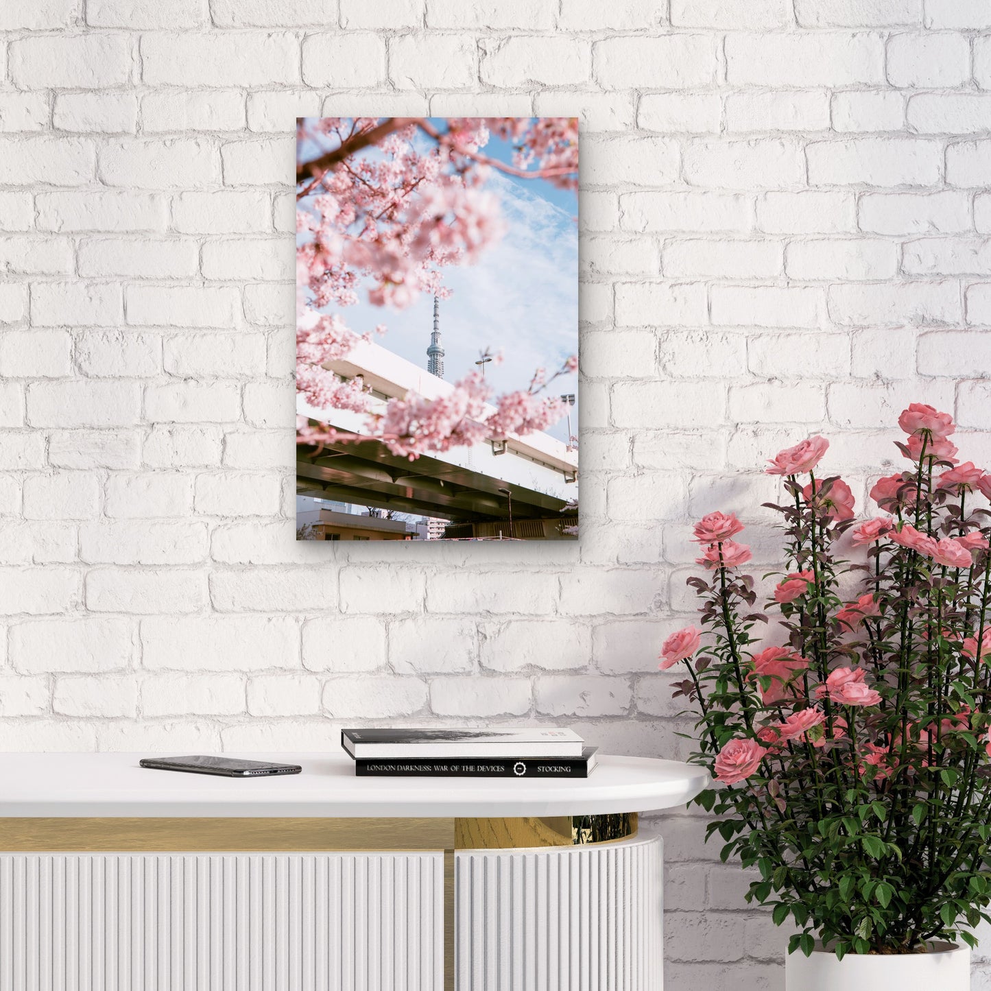 View Of The Tokyo Skytree Framed By Cherry Blossoms 60x90cm Metal Print Ready to Hang