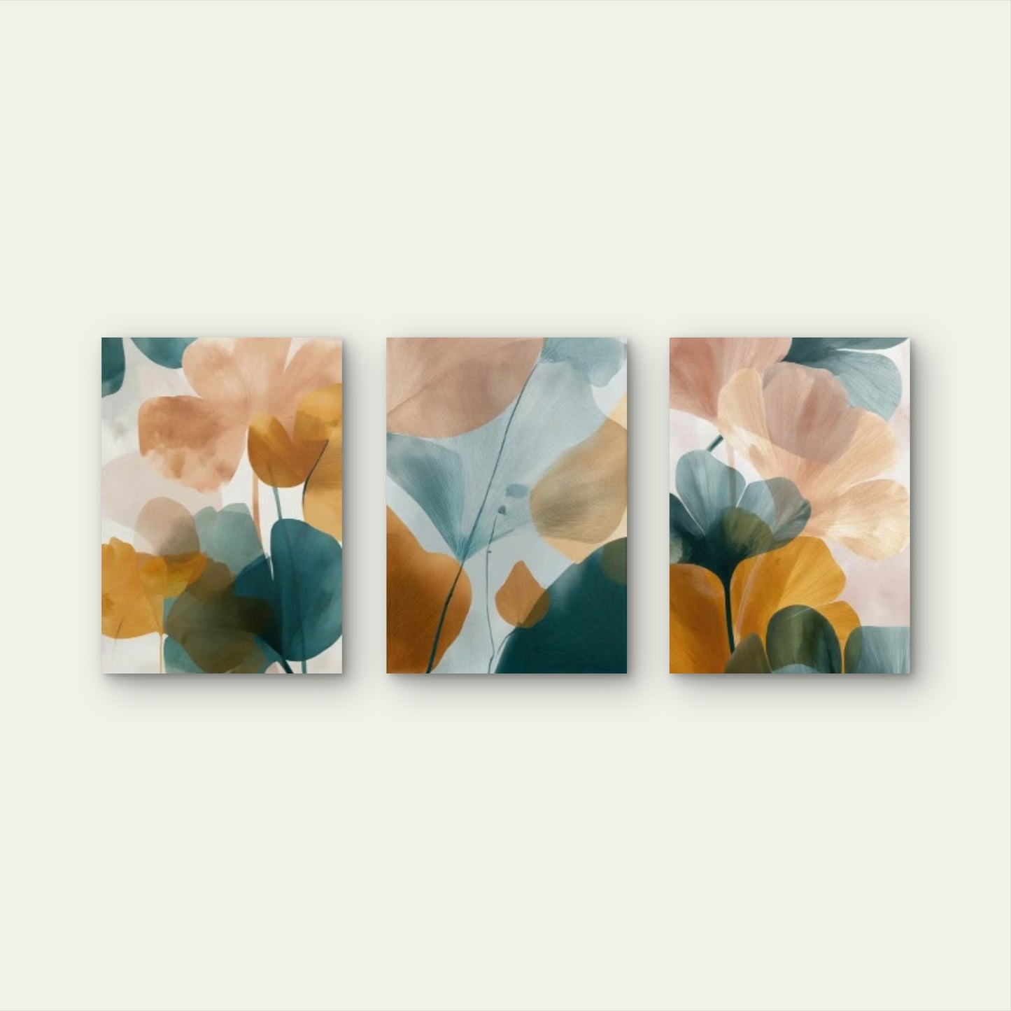 3pcs Abstract Ginkgo Floral Ochre Teal Mustard Blush Pink Wall Art Set Canvas Framed 40x60cm - High Quality Print 100% Australian Made Wall Canvas Ready to Hang