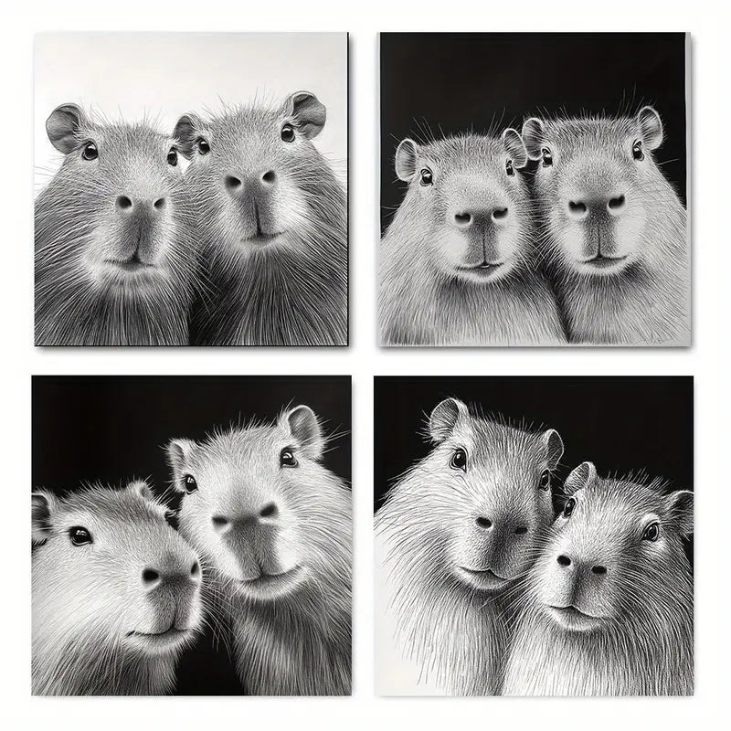 4pcs W Animals   Curious Capybara Wall Art Canvas Framed