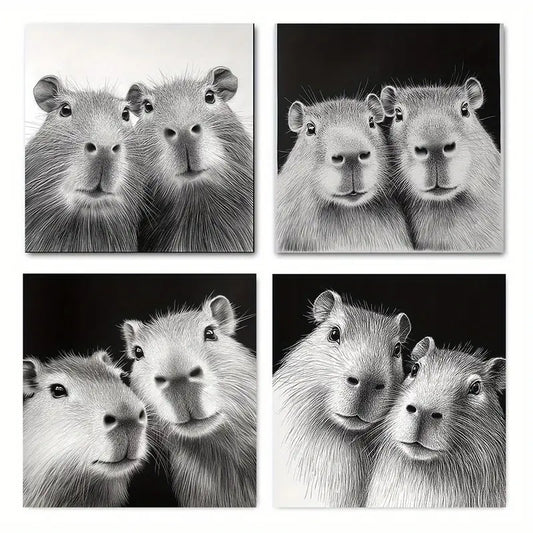 4pcs W Animals   Curious Capybara Wall Art Canvas Framed