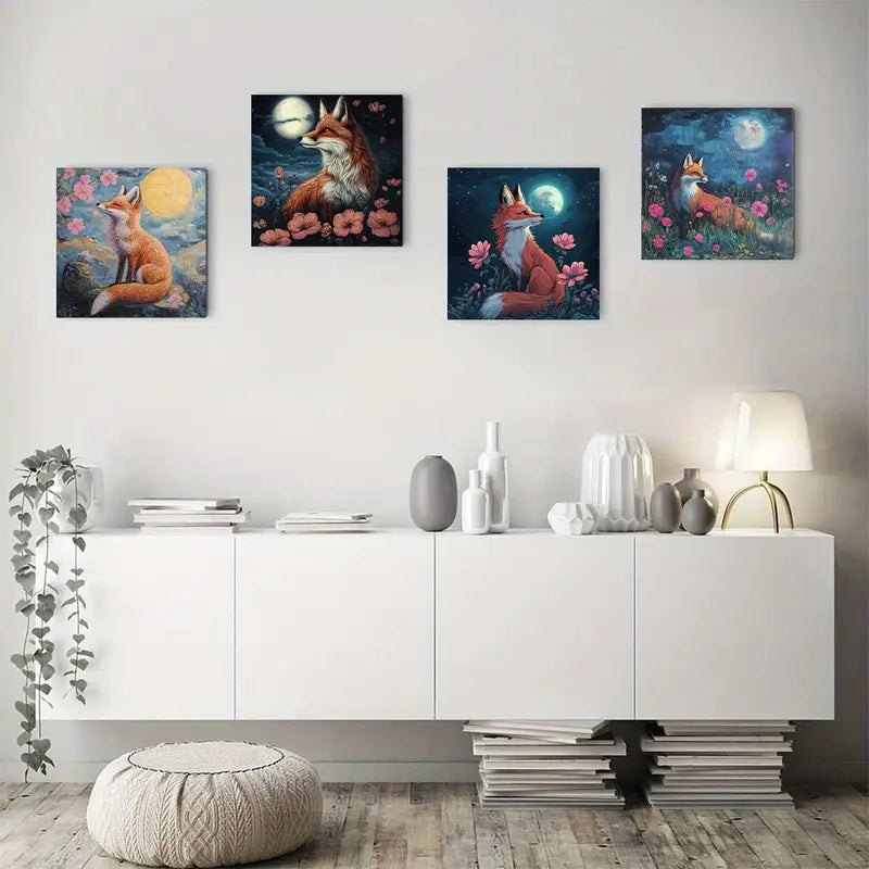 4pcs Fox & Floral Moonlit Night Sky Prints Wall Art Canvas Framed