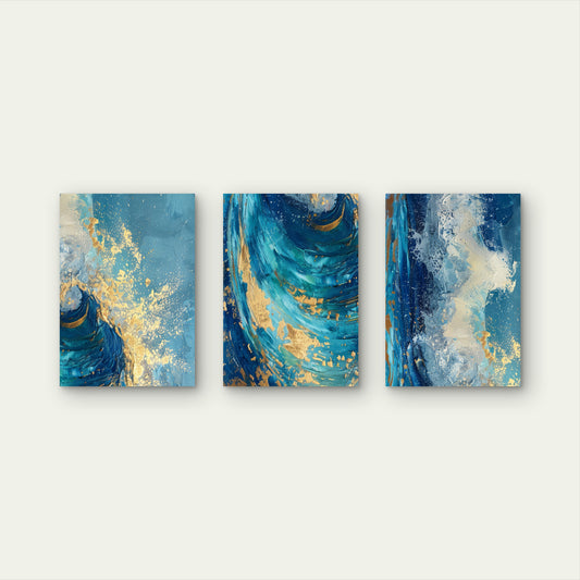 3pcs Abstract Teal Navy Blue Gold Swirl   Wall Art Set Canvas Framed 40x60cm - High Quality Print 100% Australian Made Wall Canvas Ready to Hang