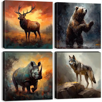 4pcs Bear, Moose, Rhino, Wolf Nature  Wall Art Canvas Framed