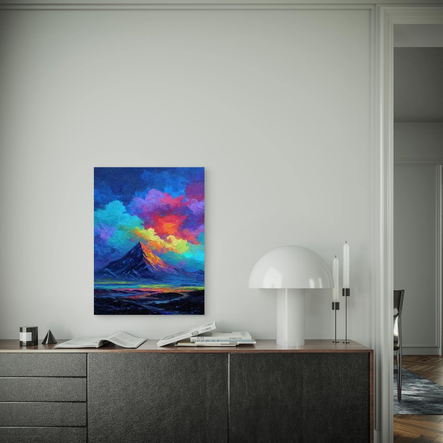 Neon Volcano Eruption Painting with Mountain Range Metal Print Ready to Hang