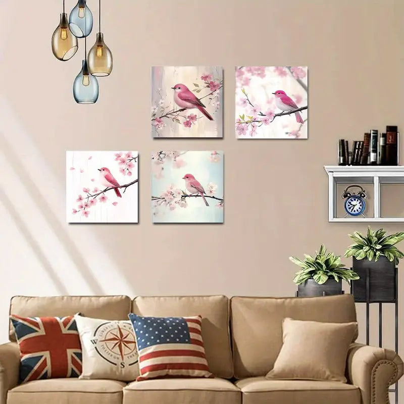 4pcs  Bummingbirds on Branch Picture Print Pink  Wall Art Canvas Framed