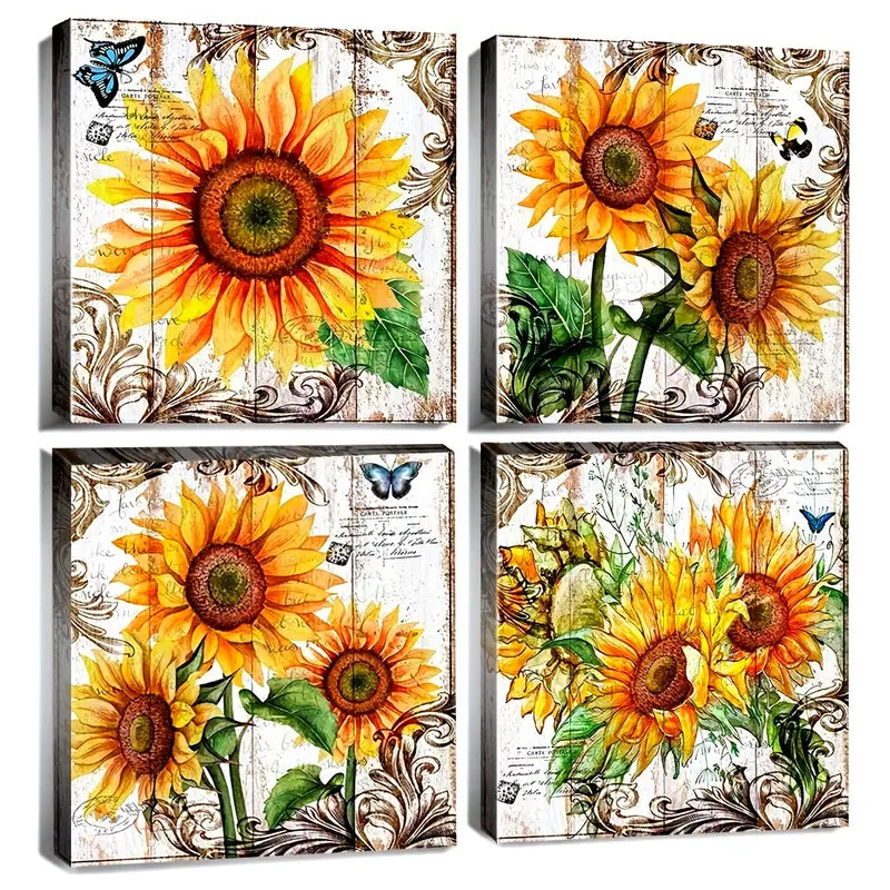 4pcs  Rustic Sunflower  Wall Art Canvas Framed