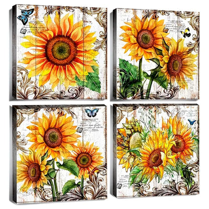 4pcs  Rustic Sunflower  Wall Art Canvas Framed