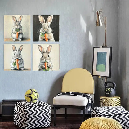 4pcs   Vintage Rabbit & Carrot Canvas Art Prints    Wall Art Canvas Framed