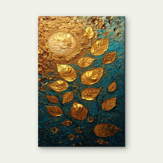 Abstract Modern Luxury Gold Foil Leaf Teal Art 40x60cm Metal Print Ready to Hang