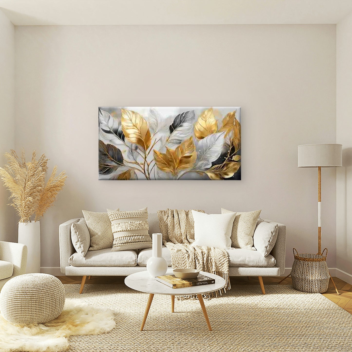 Golden Feathers on a Gray Back Wall Art Canvas Office Home Room Framed 120x60cm - Bella Home Decor