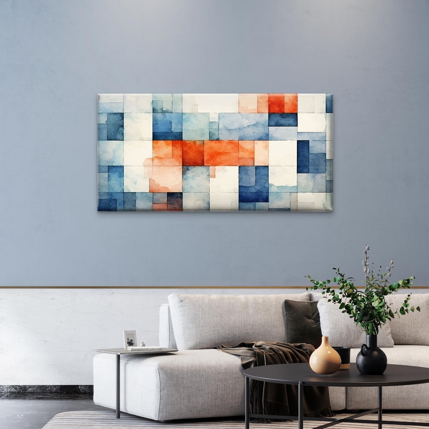Blue Orange Geometric Mosaic Pattern Wall Art Canvas Office Home Framed 120x60cm