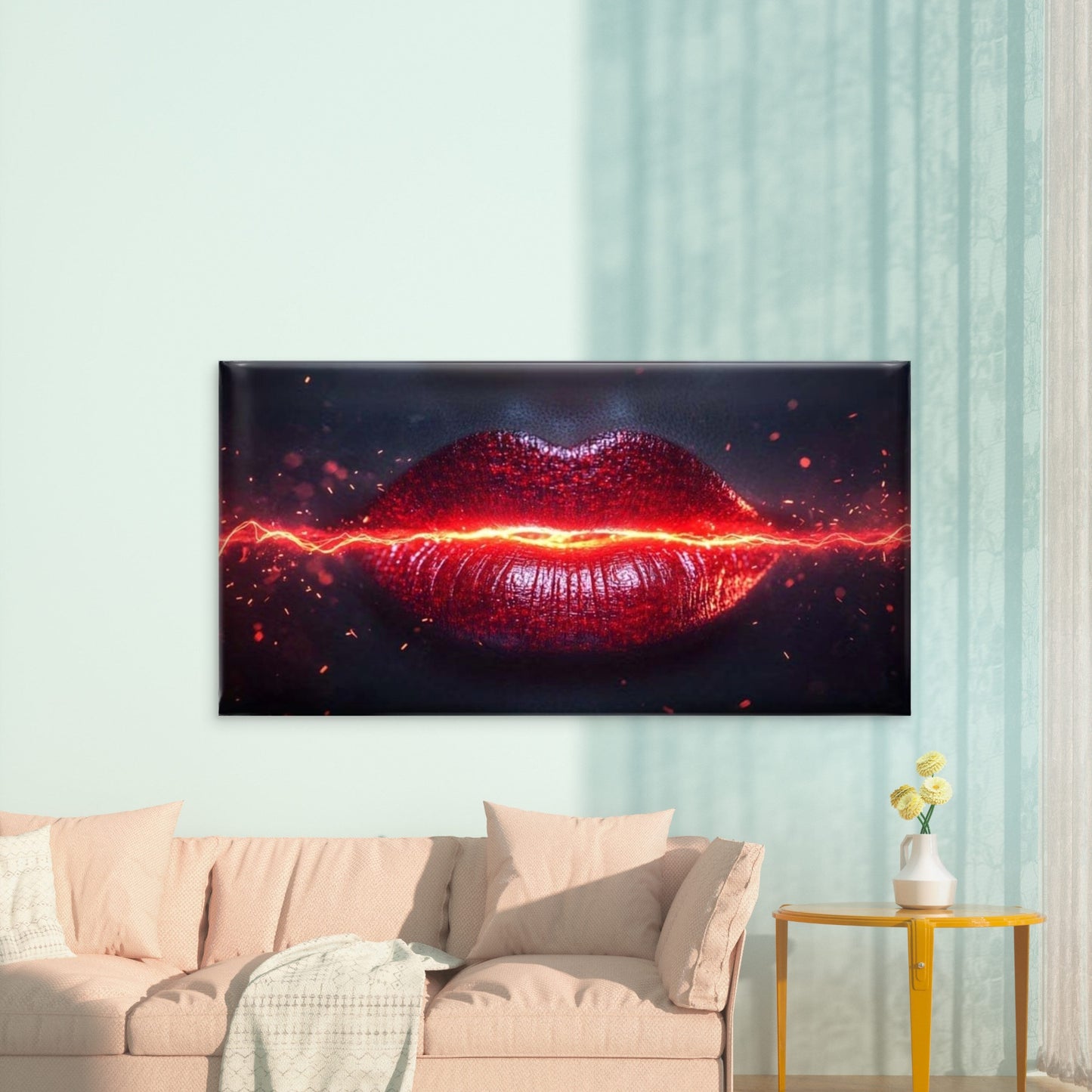 Electric Kiss Abstract Lips Wall Art Canvas Office Home Room Framed 120x60cm - Bella Home Decor