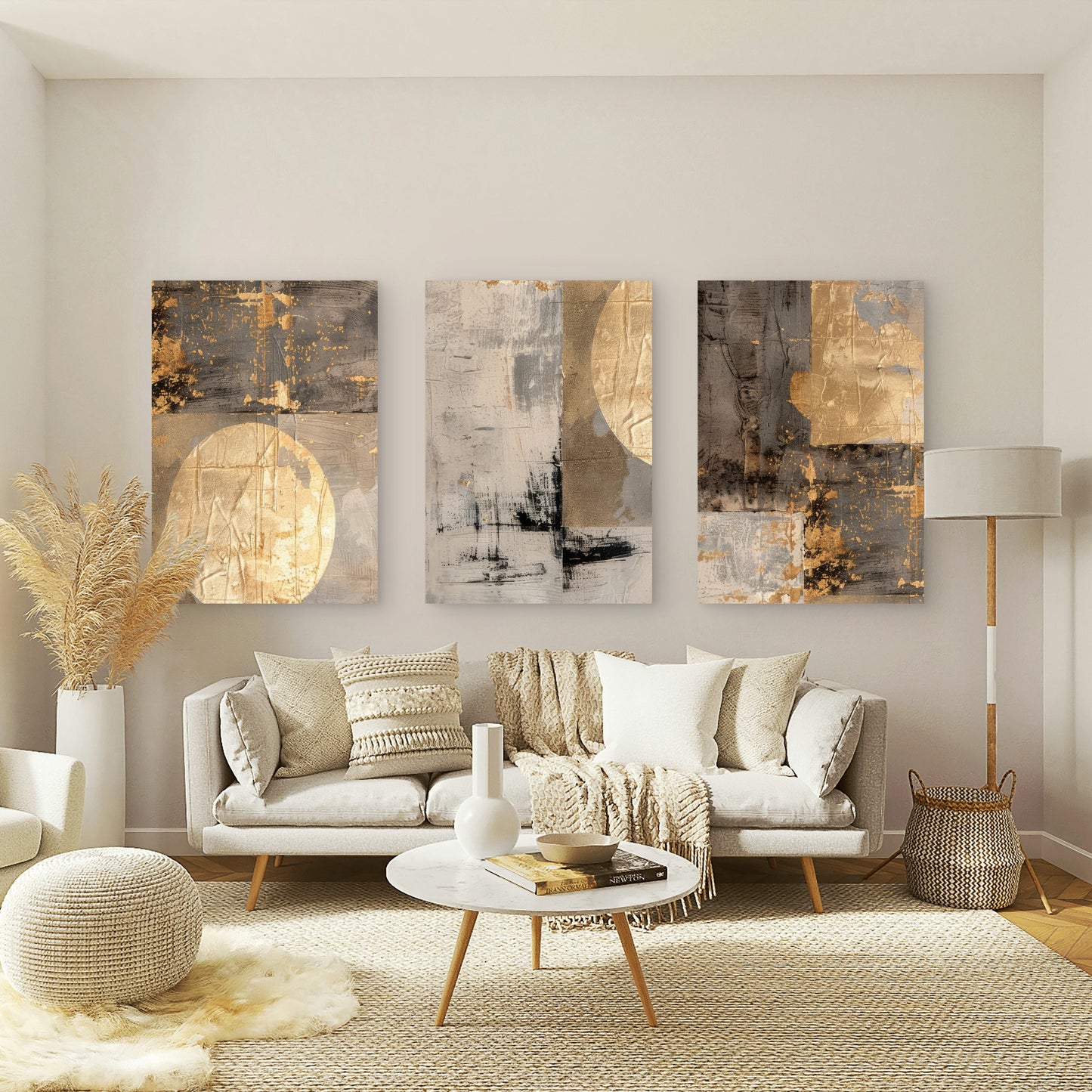 3pcs Modern Abstract Gold Grey Textured Wall Art Set Canvas Framed 40x60cm - High Quality Print 100% Australian Made Wall Canvas Ready to Hang