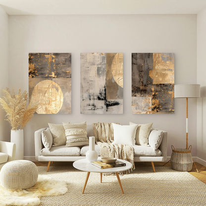 3pcs Modern Abstract Gold Grey Textured Wall Art Set Canvas Framed 40x60cm - High Quality Print 100% Australian Made Wall Canvas Ready to Hang