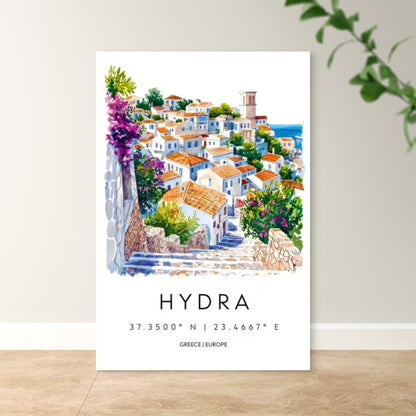Hydra Greece Street View with Stone Houses  Travel Poster Print Wall Art