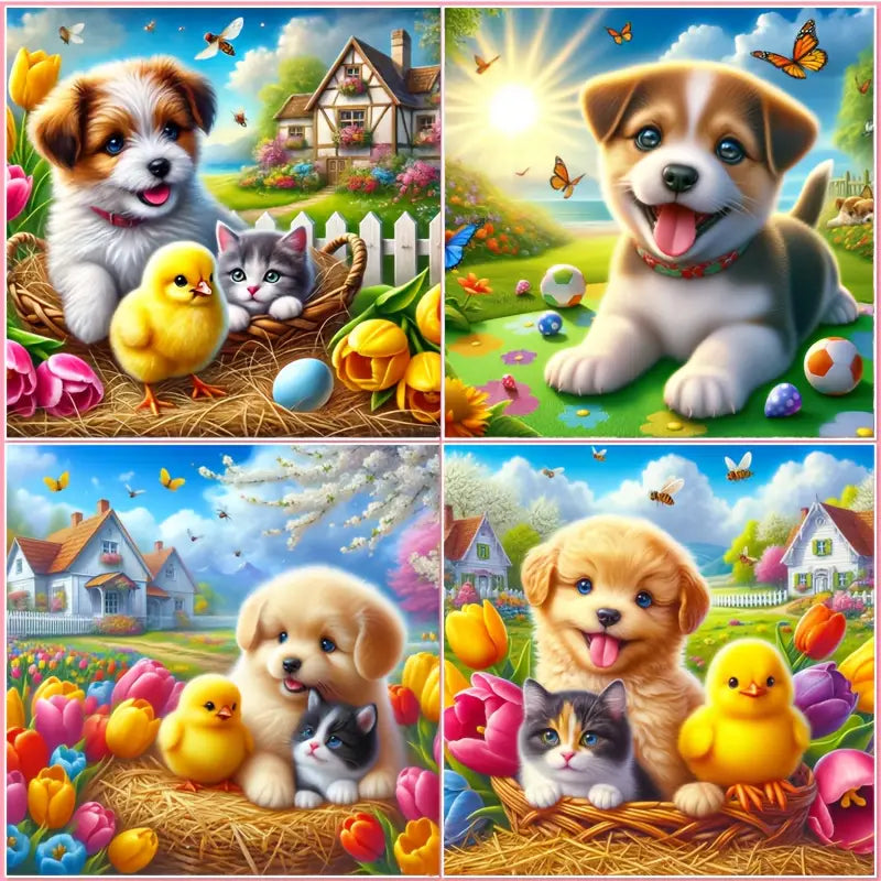 4pcs Little Puppy ,Kitty And Yellow Chick  Wall Art Canvas Framed