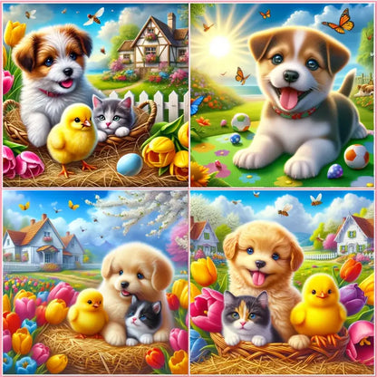 4pcs Little Puppy ,Kitty And Yellow Chick  Wall Art Canvas Framed