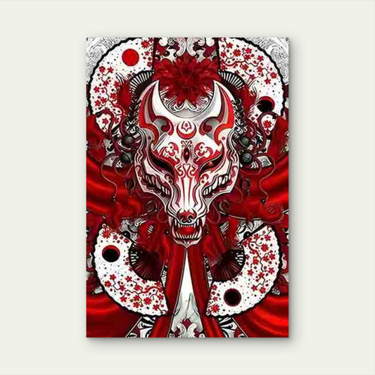 Mysterious Fox Mask with Japanese Floral 60x90cm Metal Print Ready to Hang