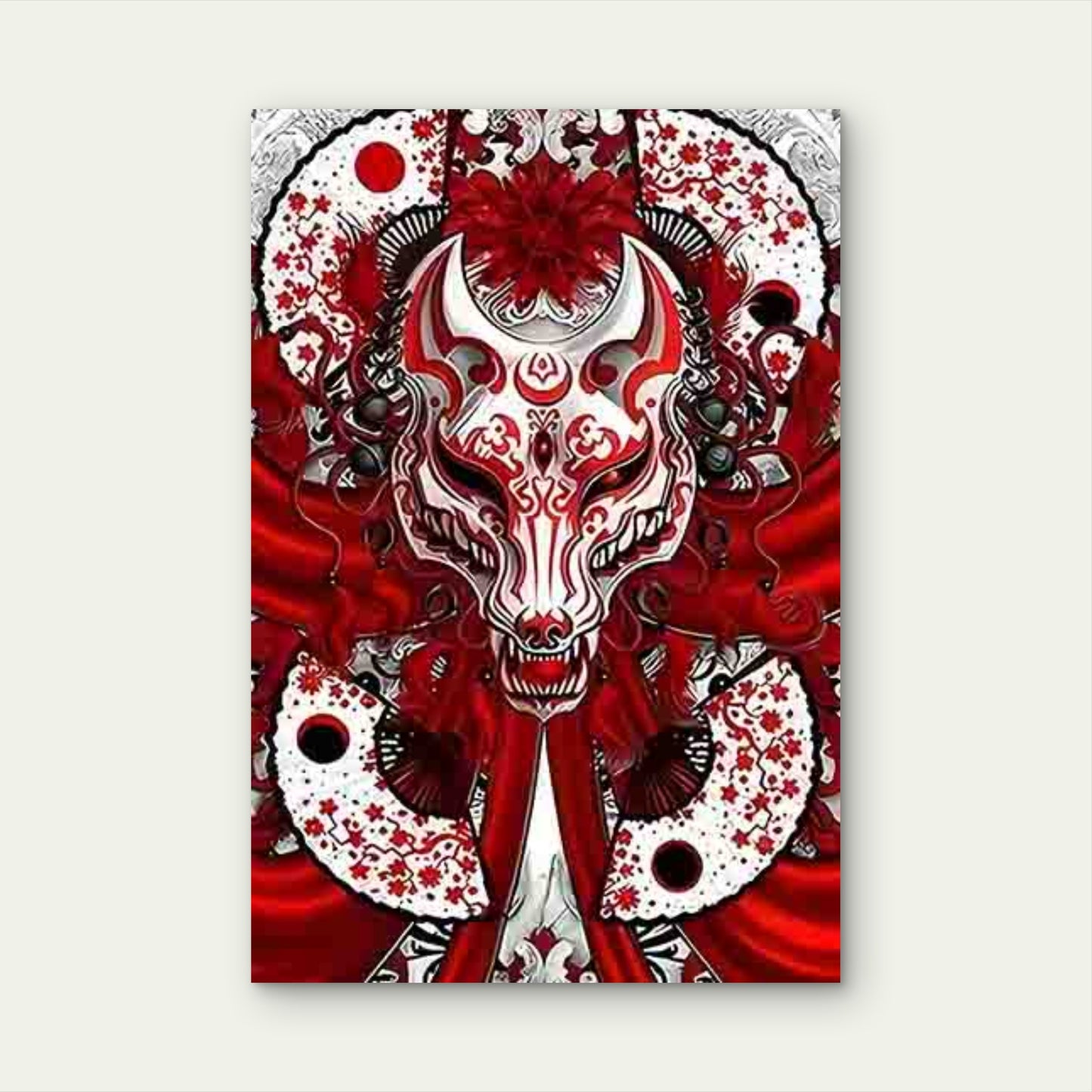 Mysterious Fox Mask with Japanese Floral 40x60cm Metal Print Ready to Hang - Bella Home Decor