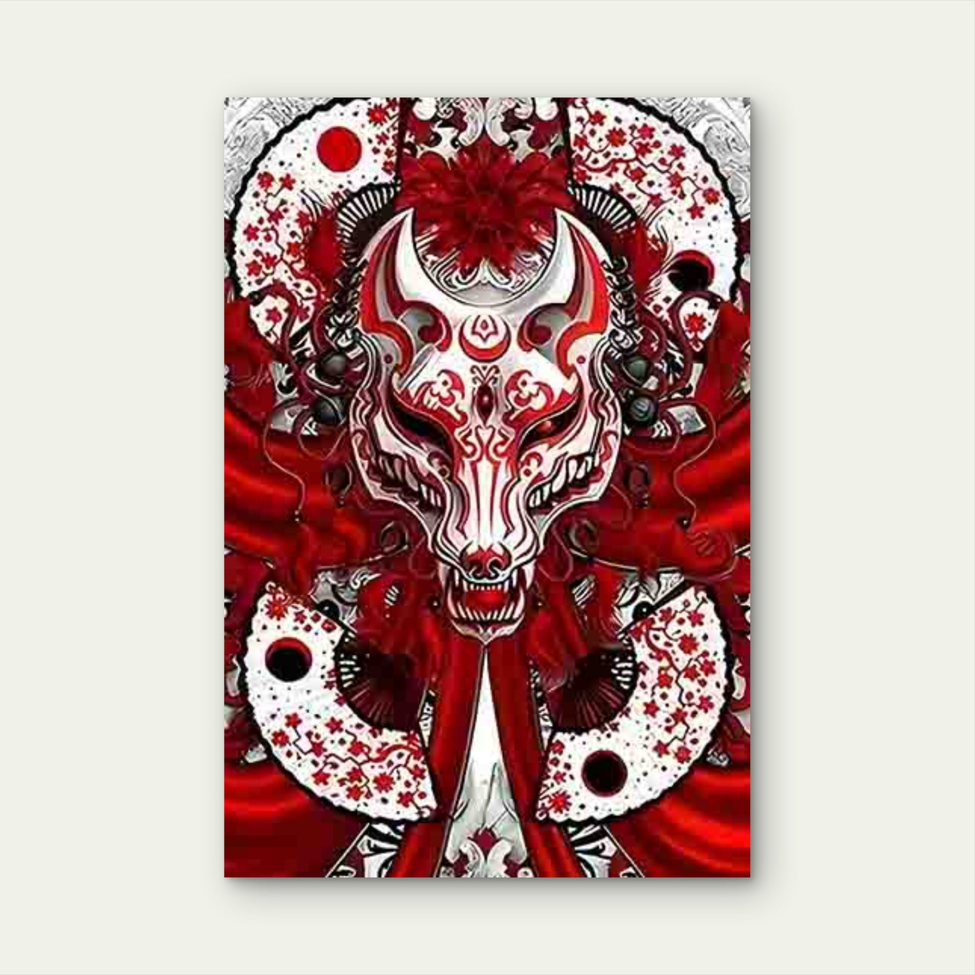 Mysterious Fox Mask with Japanese Floral 40x60cm Metal Print Ready to Hang - Bella Home Decor