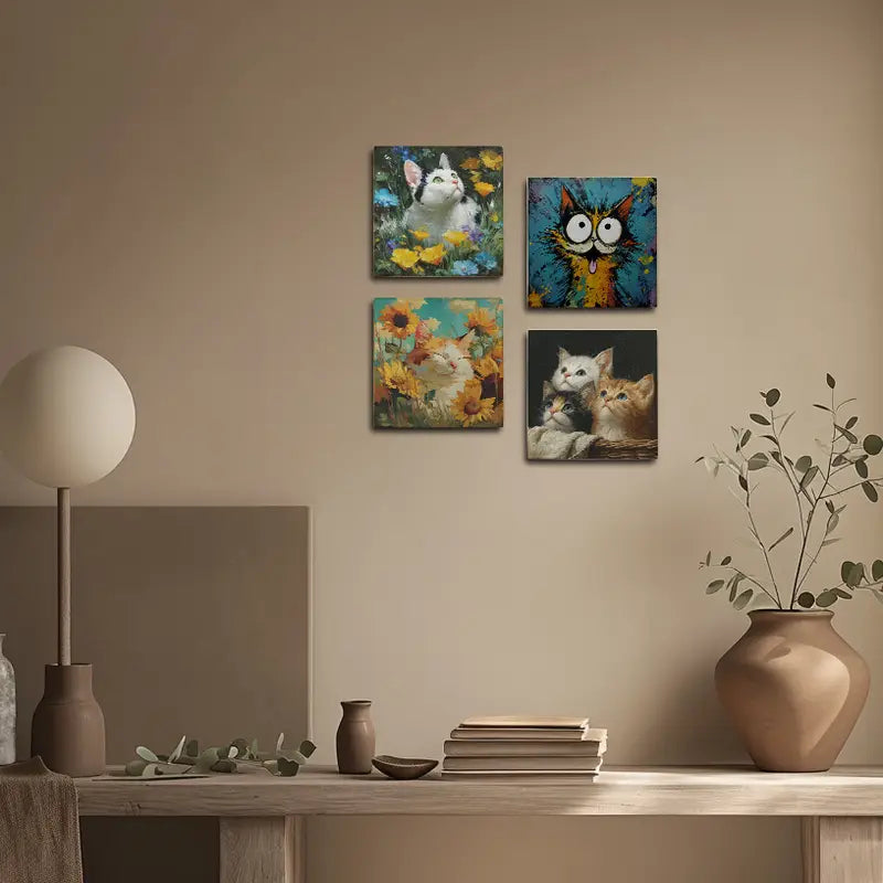 4pcs  Funny Cat Wall Art Canvas Framed - Bella Home Decor