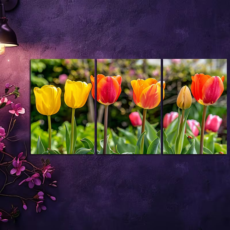 3pcs Vibrant Tulip Florals Illustration Wall Art Set Canvas Framed 60x90cm - High Quality Print 100% Australian Made Wall Canvas Ready to Hang