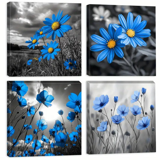 4pcs Framed Daisy Paintings, Botanical Wall Art Canvas Framed