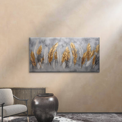 Gold Silver Feather Motif Wall Art Canvas Office Home Room Framed 120x60cm
