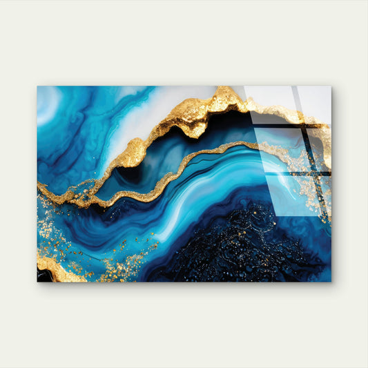 Abstract Sapphire Golden Vein Pattern Acrylic Glass Printing Wall Art Australian Made Quality