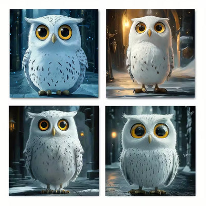 4pcs Cute White Owl Theme Wall Art Canvas Framed