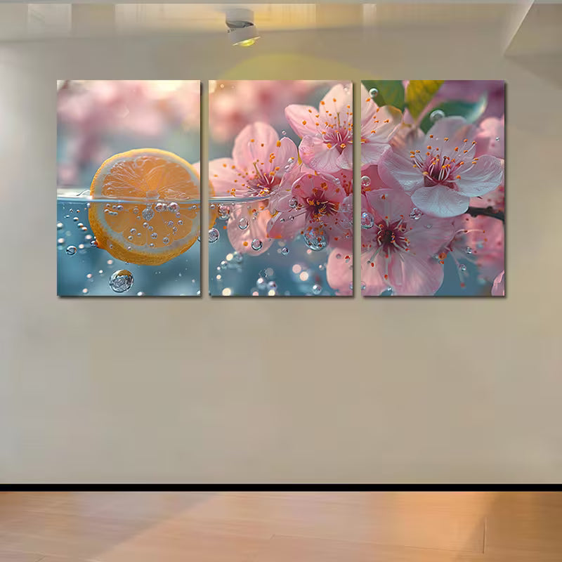 3pcs lemon in water with Pink Florals Wall Art Set Canvas Framed 60x90cm - High Quality Print 100% Australian Made Wall Canvas Ready to Hang