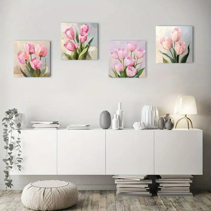 4pcs Elegant Tulip Prints, Pink Floral Wall Art Canvas Framed